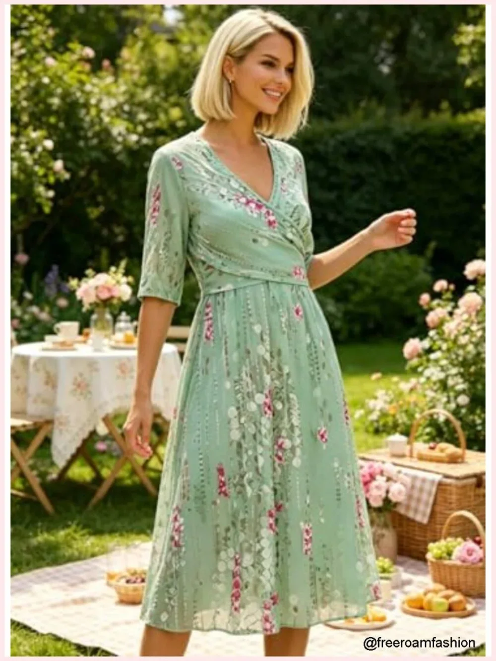 Women's Boho 3/4 Sleeve Midi Dress with Pockets Flowy A-Line